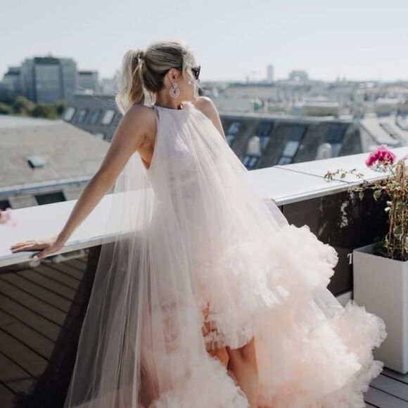 MAC DUGGAL 68252 Light Pink Tulle High Neck Sleeveless Ruffled Hem Hi-Low Gown - Picture 8 of 16